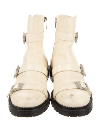 Jimmy Choo Leather Crystal Embellishments Combat Boots