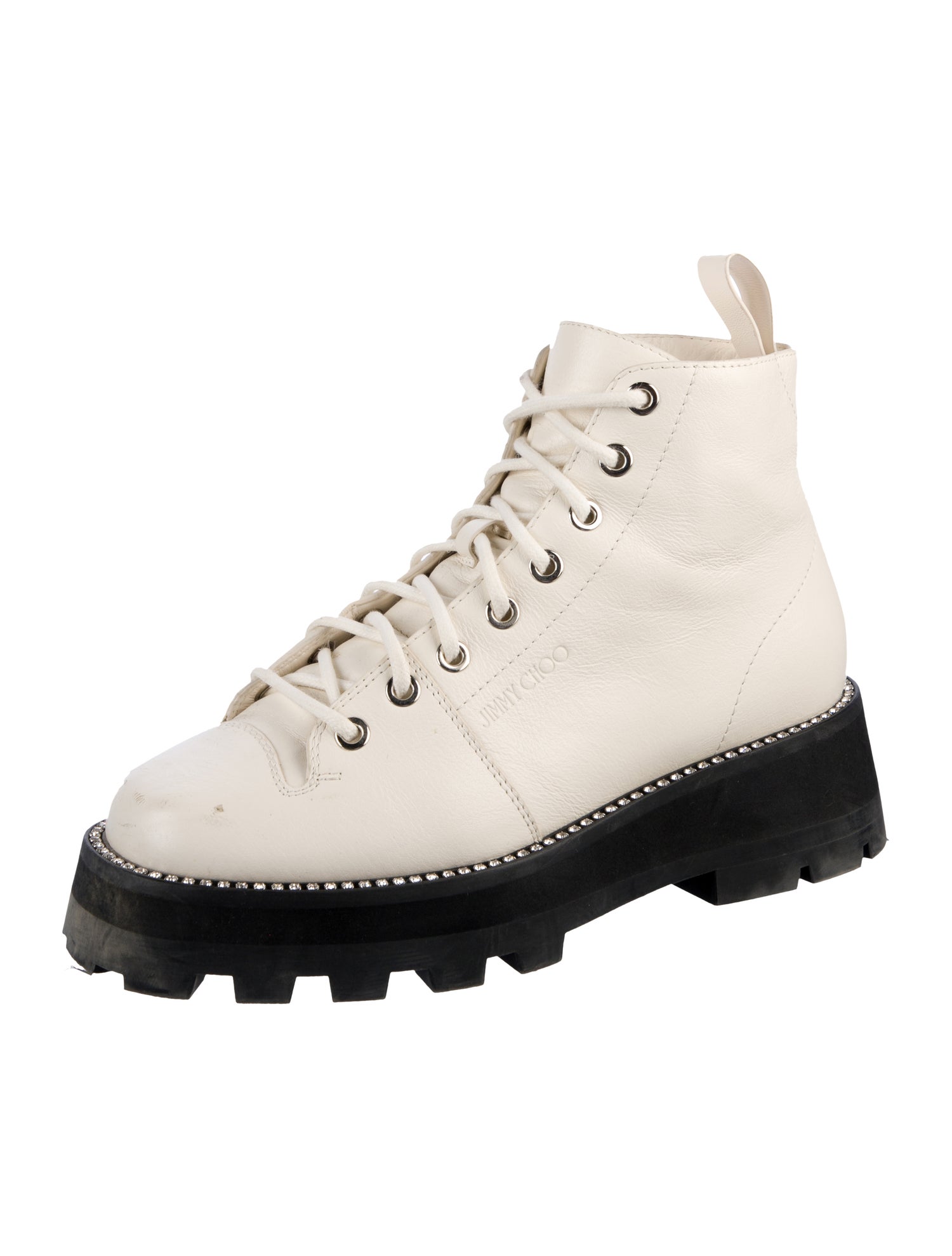 Jimmy Choo Leather Crystal Embellishments Combat Boots