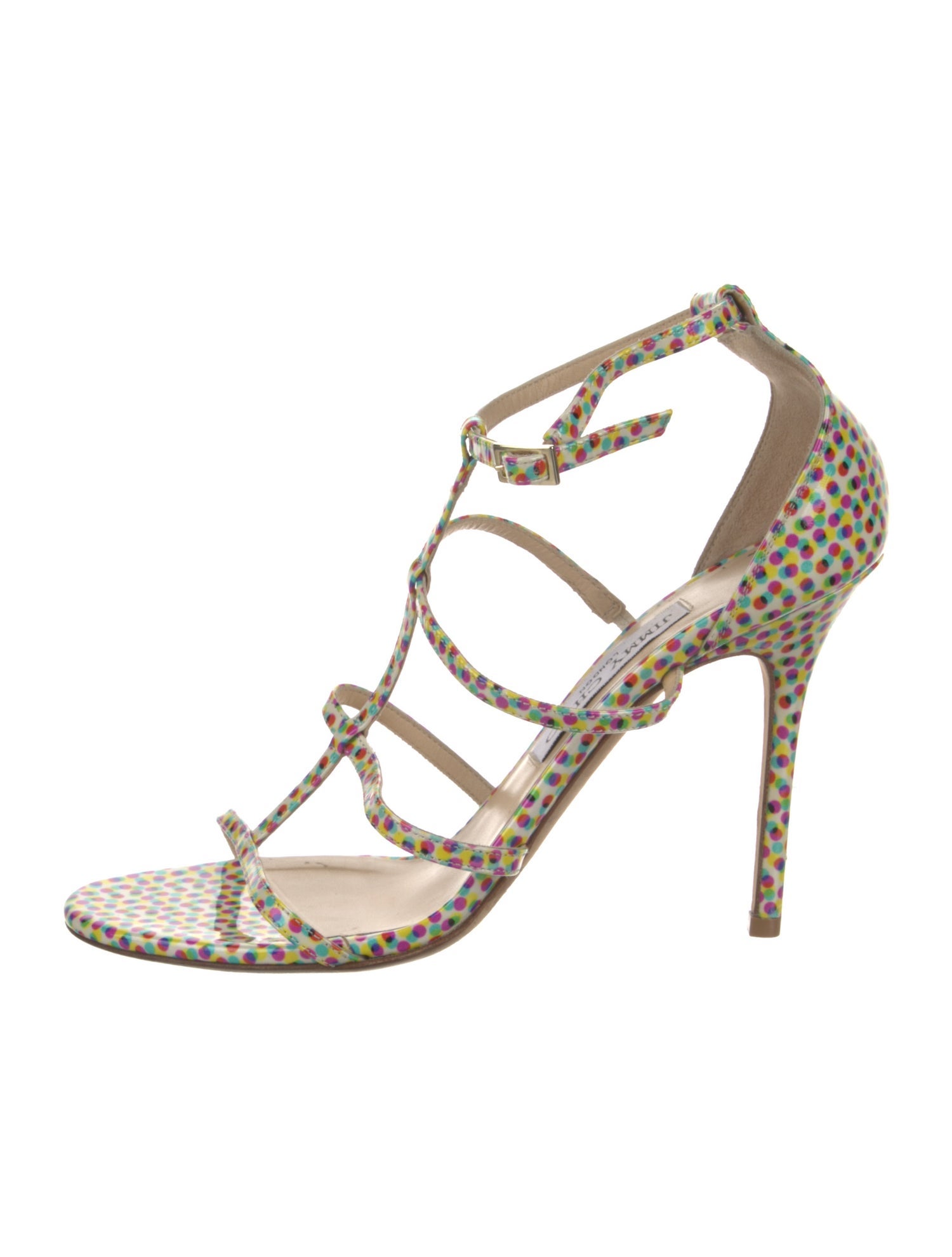 Jimmy Choo Patent Leather Polka Dot Print T-Strap Sandals