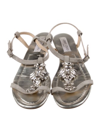 Jimmy Choo Suede Crystal Embellishments T-Strap Sandals