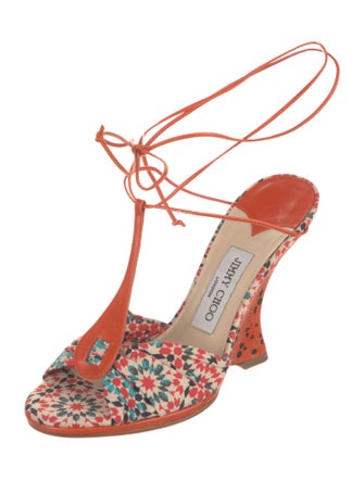 Jimmy Choo Floral Print Pleated Accents T-Strap Sandals