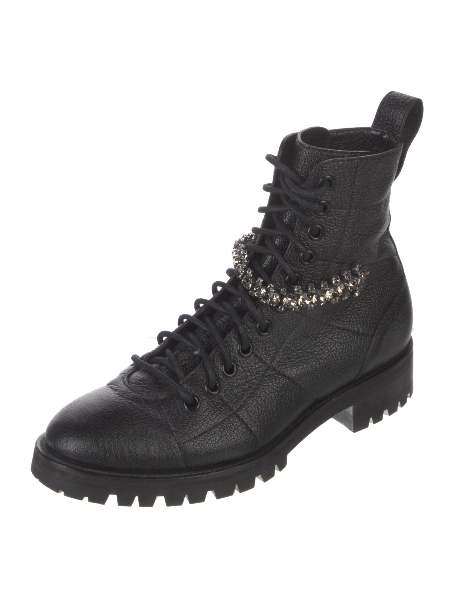 Jimmy Choo Leather Crystal Embellishments Combat Boots