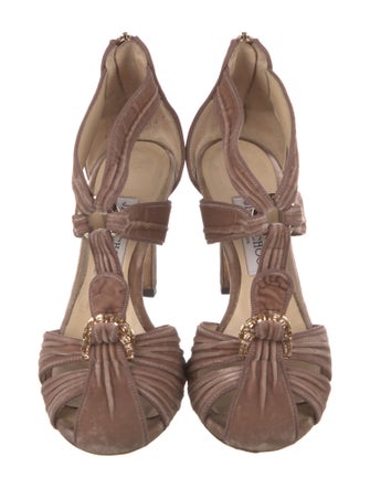 Jimmy Choo Velvet Crystal Embellishments T-Strap Sandals