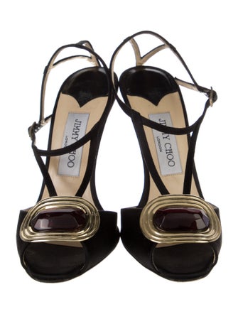 Jimmy Choo Satin Leather Trim Embellishment T-Strap Pumps