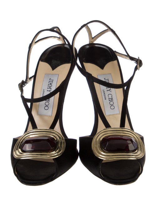 Jimmy Choo Satin Leather Trim Embellishment T-Strap Pumps