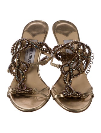 Jimmy Choo Leather Crystal Embellishments T-Strap Sandals