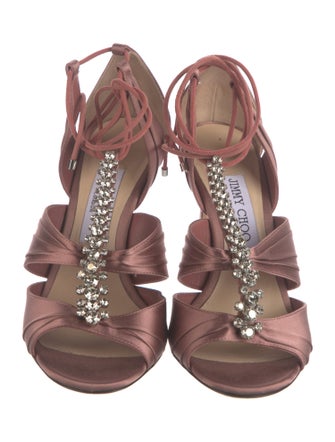 Jimmy Choo Satin Crystal Embellishments T-Strap Sandals