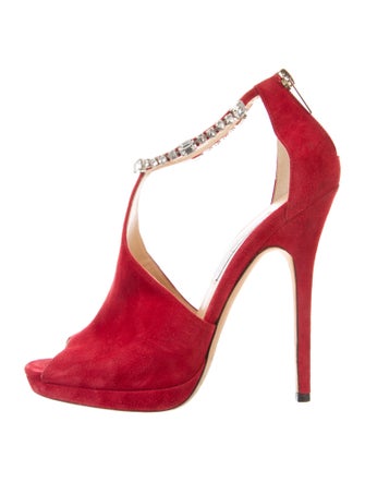 Jimmy Choo Suede Crystal Embellishments T-Strap Pumps