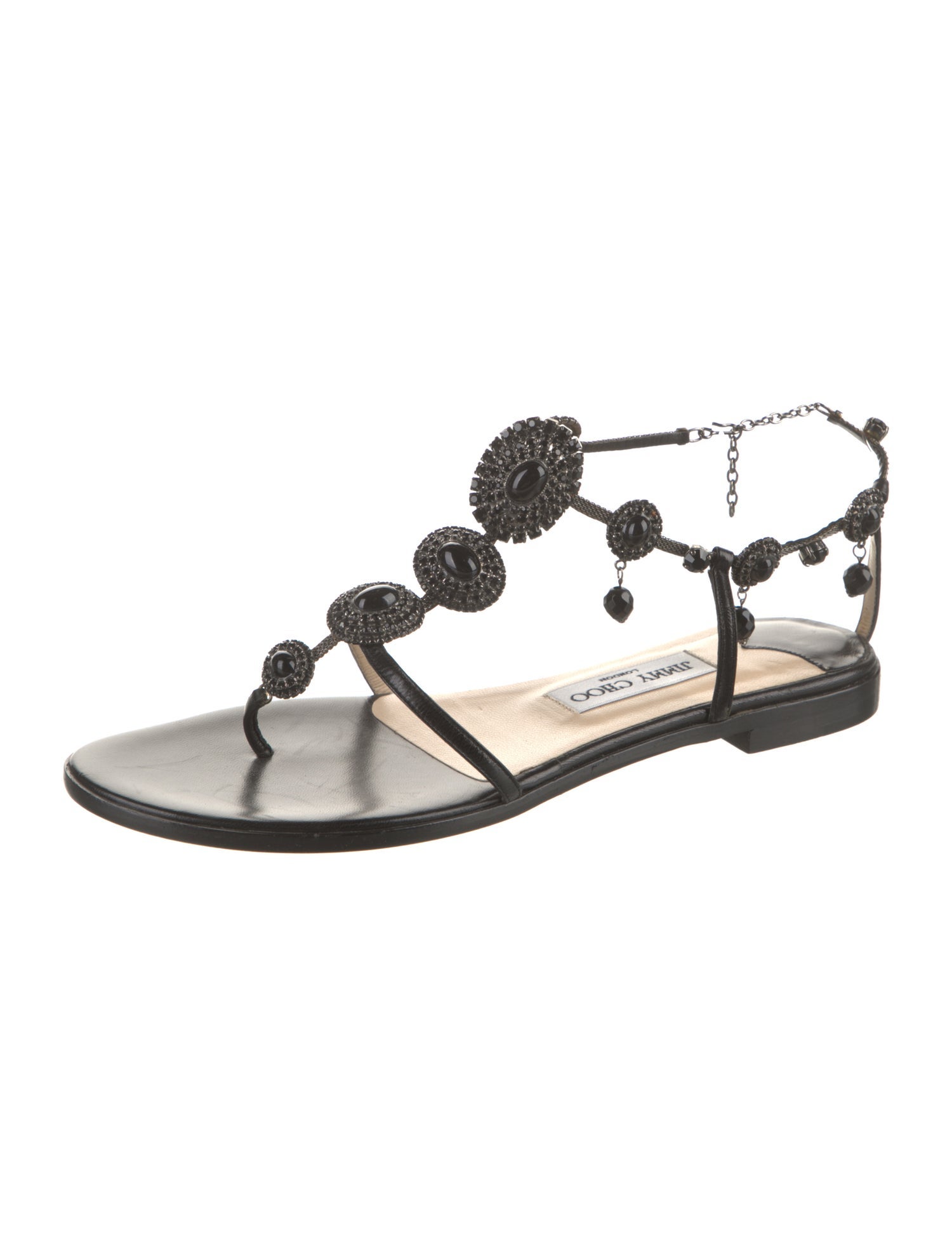 Jimmy Choo Leather Crystal Embellishments T-Strap Sandals
