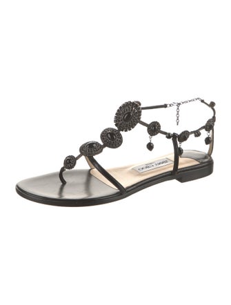 Jimmy Choo Leather Crystal Embellishments T-Strap Sandals