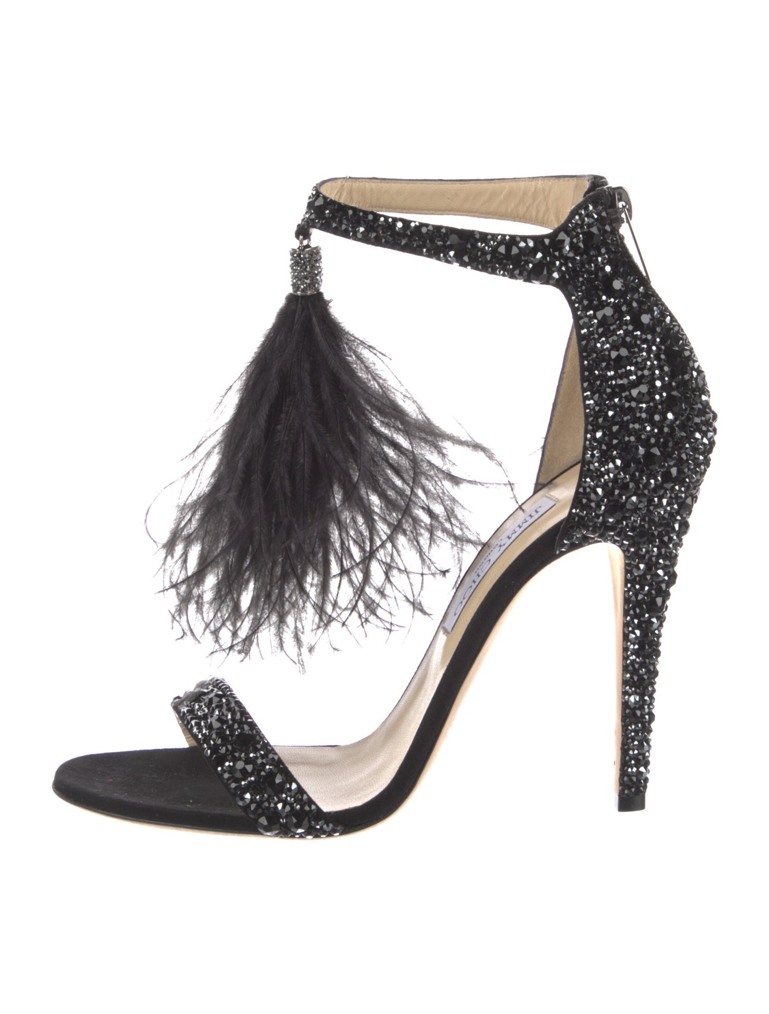 Jimmy Choo Crystal Feather Trim T-Strap Sandals