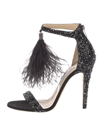 Jimmy Choo Crystal Feather Trim T-Strap Sandals