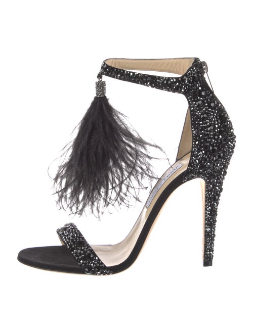 Jimmy Choo Crystal Feather Trim T-Strap Sandals