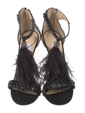 Jimmy Choo Crystal Feather Trim T-Strap Sandals
