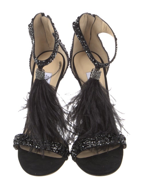 Jimmy Choo Crystal Feather Trim T-Strap Sandals