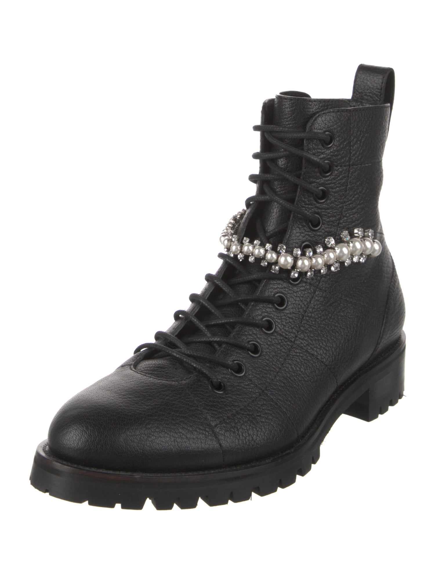 Jimmy Choo Leather Crystal Embellishments Combat Boots