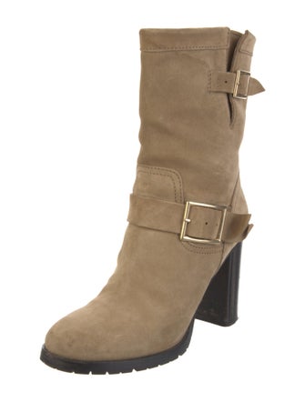 Jimmy Choo Suede Embroidered Accent Moto Boots