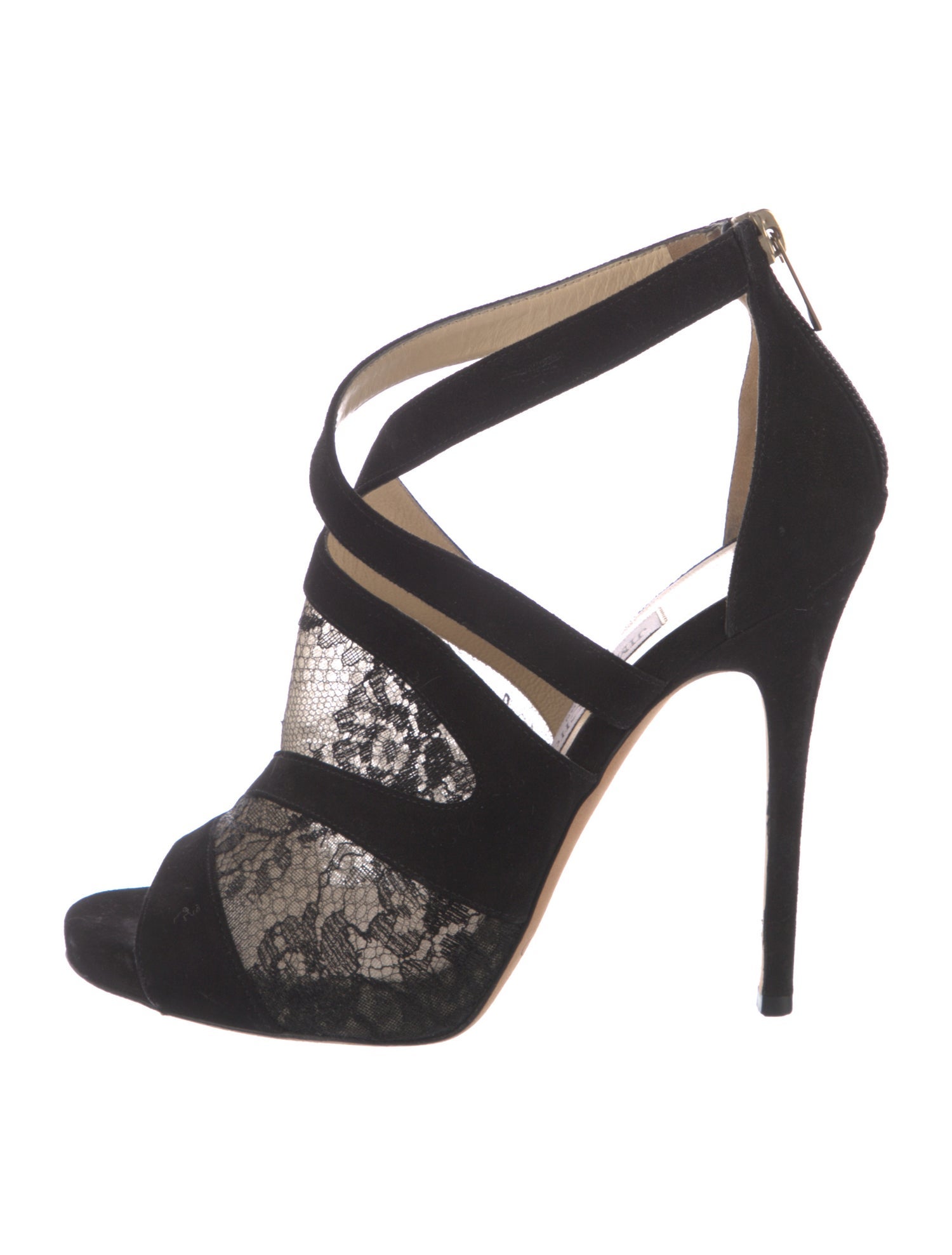 Jimmy Choo Suede Lace Trim Embellishment T-Strap Pumps