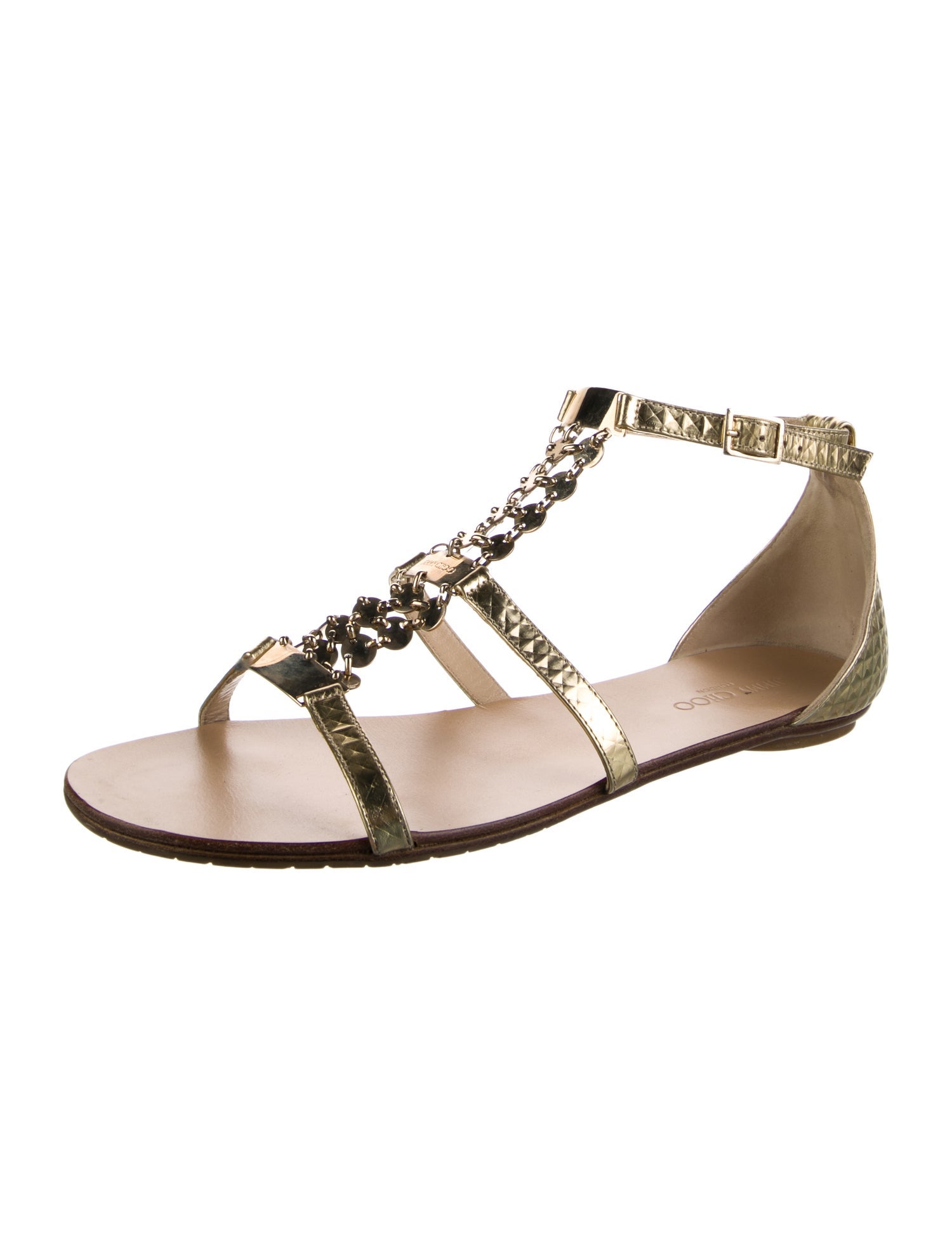 Jimmy Choo Leather Chain-Link Accents T-Strap Sandals