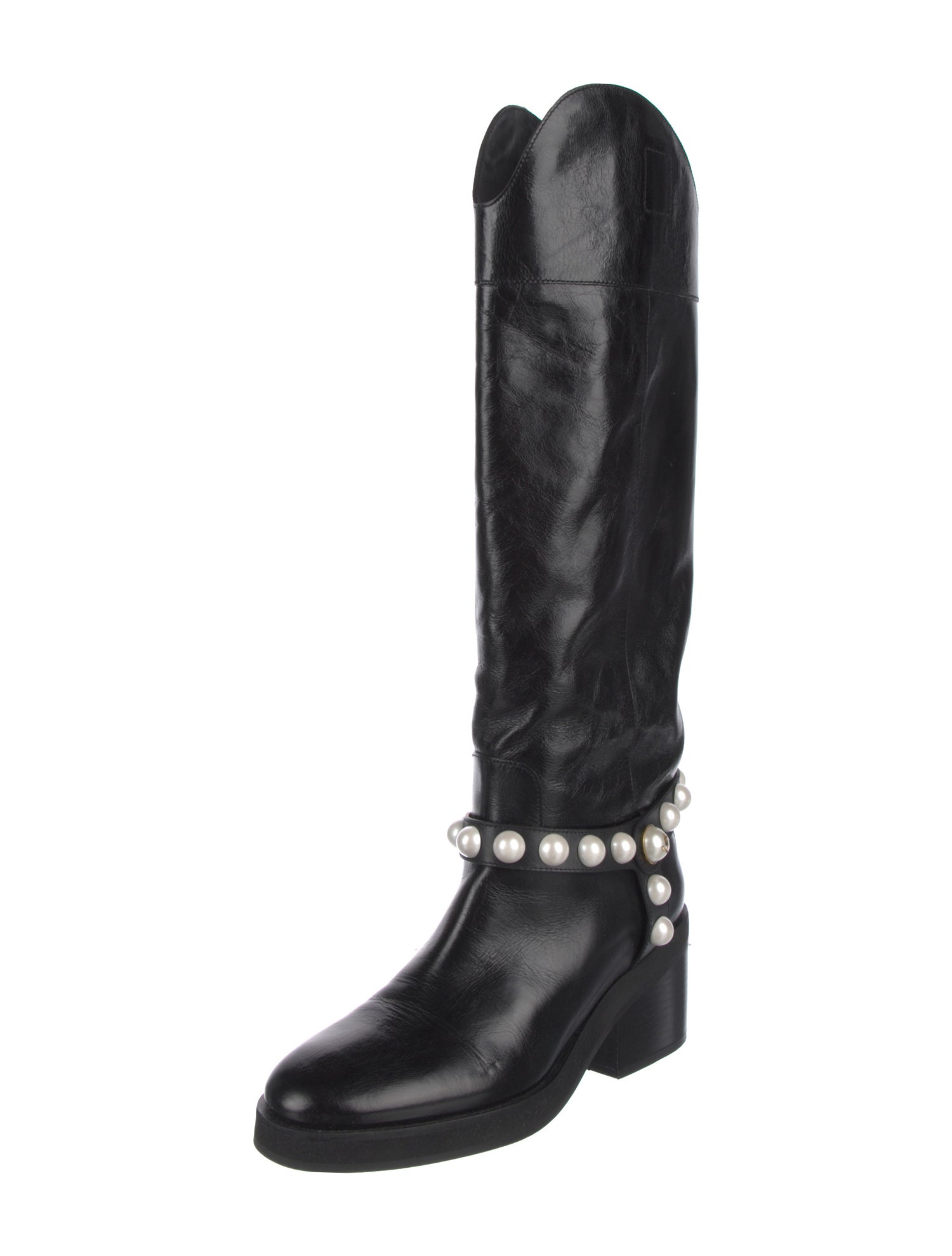 Jimmy Choo Faux Pearl Accents Leather Riding Boots
