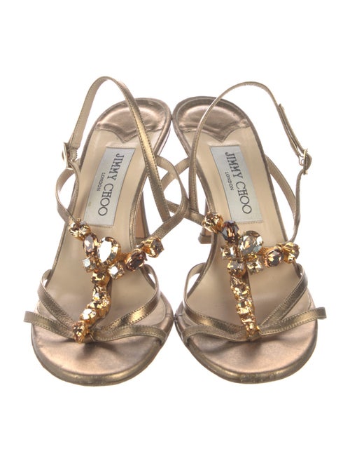Jimmy Choo Leather Crystal Embellishments T-Strap Sandals