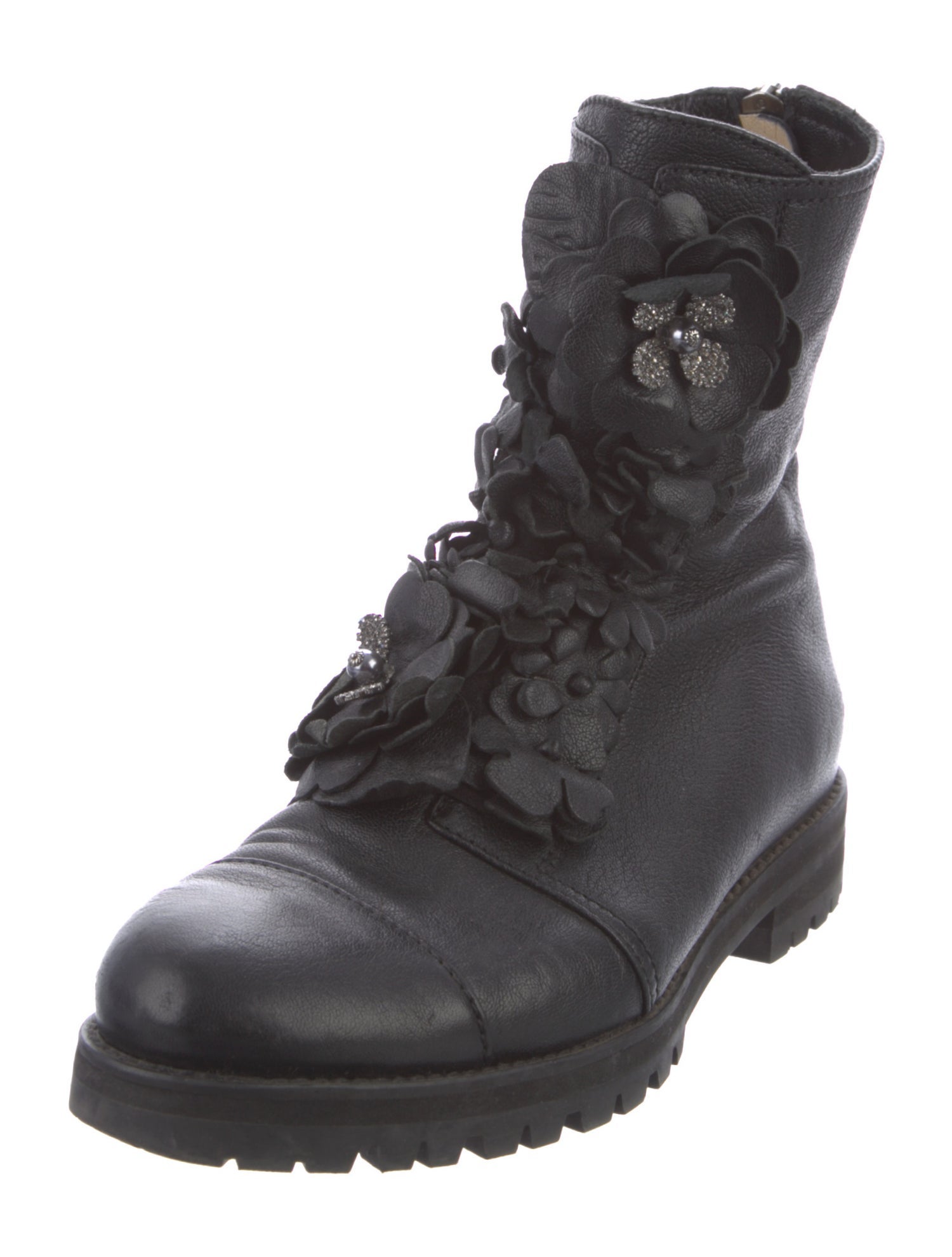 Jimmy Choo Embossed Leather Crystal Embellishments Combat Boots