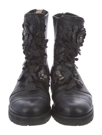 Jimmy Choo Embossed Leather Crystal Embellishments Combat Boots