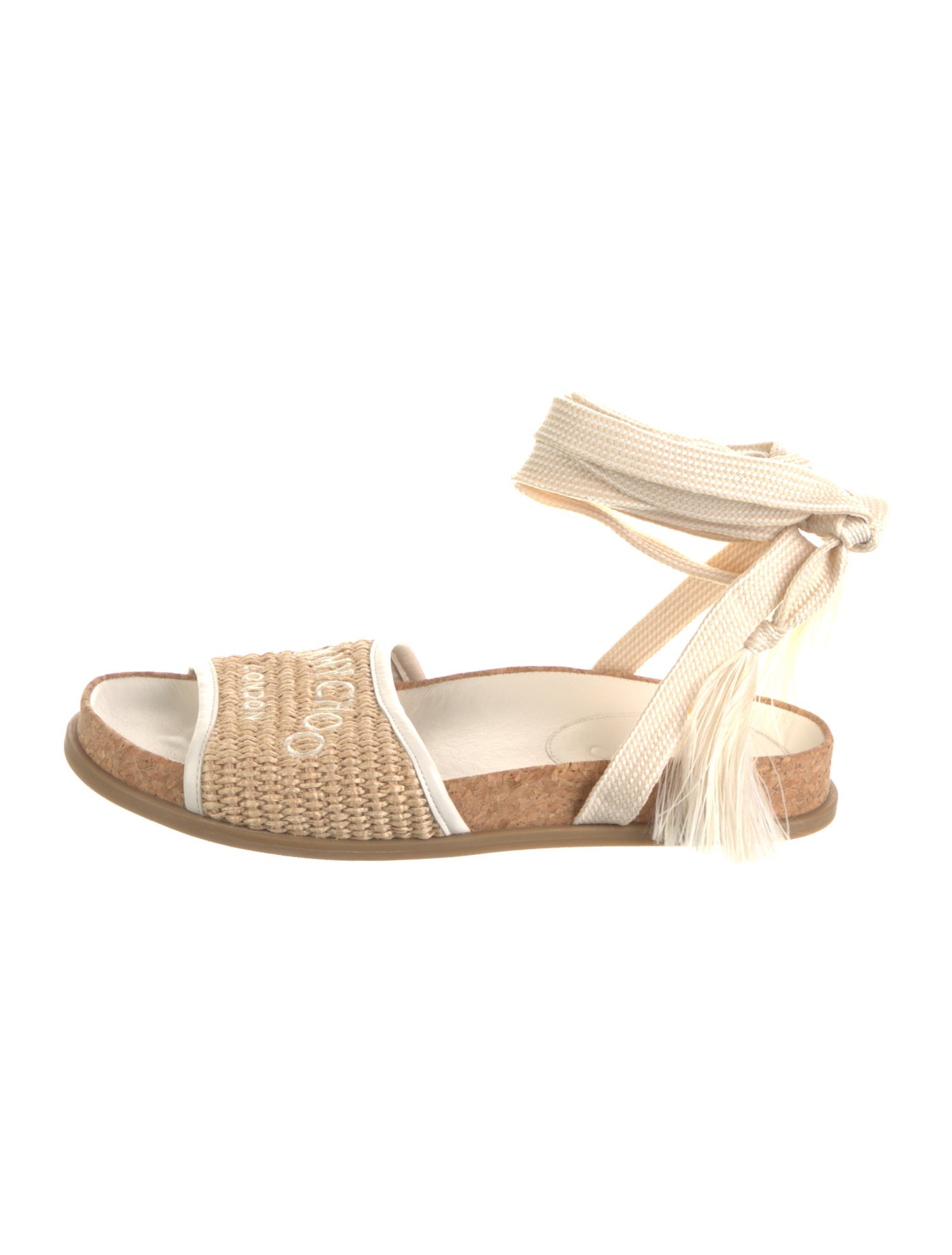 Jimmy Choo Raffia Tassel Accents Slingback Sandals