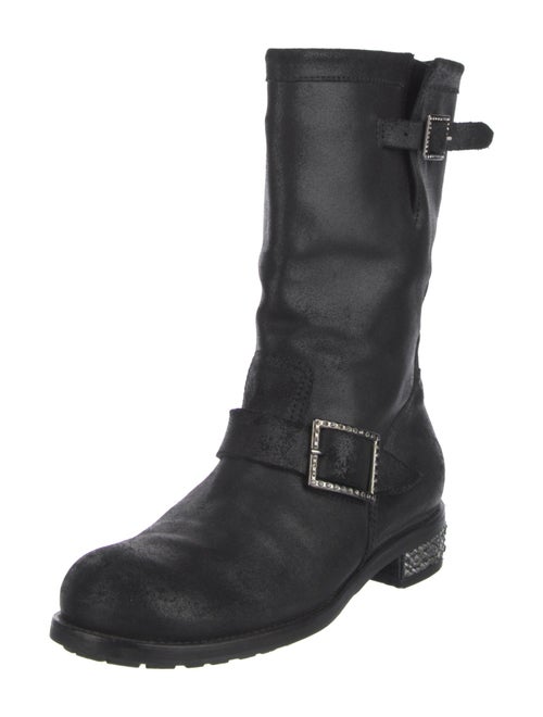 Jimmy Choo Leather Crystal Embellishments Moto Boots