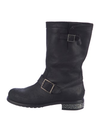 Jimmy Choo Leather Crystal Embellishments Moto Boots