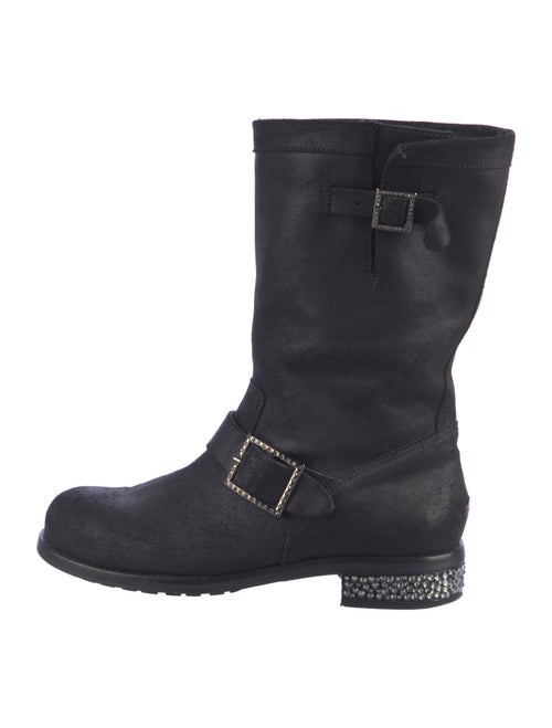 Jimmy Choo Leather Crystal Embellishments Moto Boots