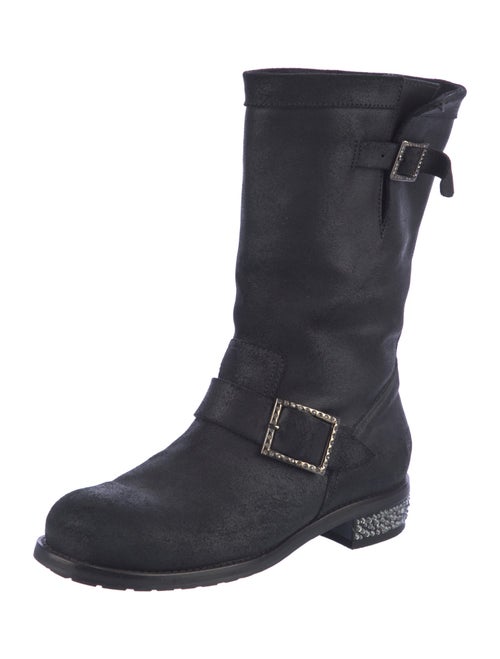 Jimmy Choo Leather Crystal Embellishments Moto Boots