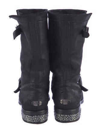 Jimmy Choo Leather Crystal Embellishments Moto Boots