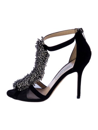 Jimmy Choo Suede Crystal Embellishments T-Strap Sandals