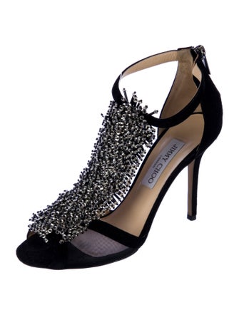 Jimmy Choo Suede Crystal Embellishments T-Strap Sandals
