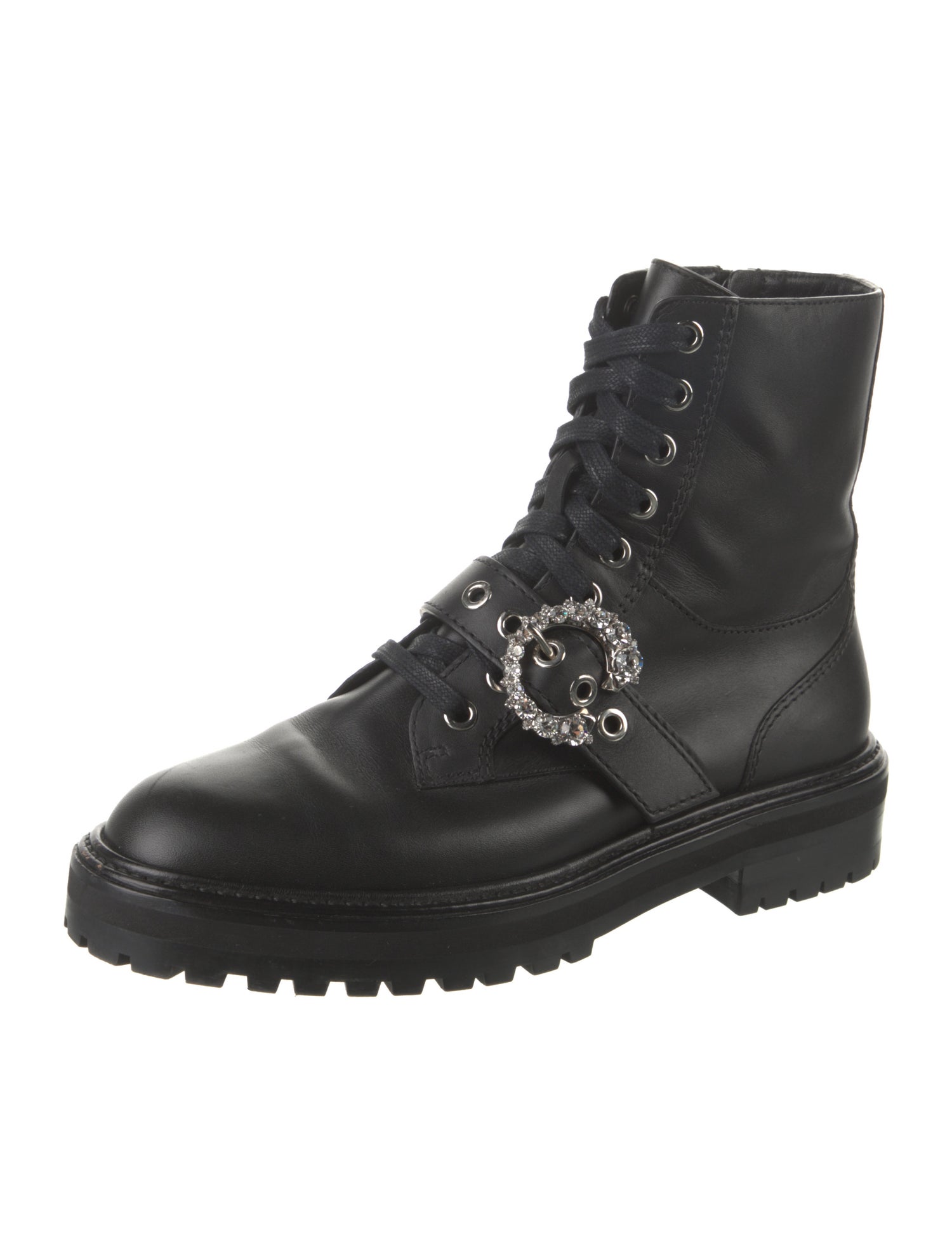Jimmy Choo Leather Crystal Embellishments Combat Boots