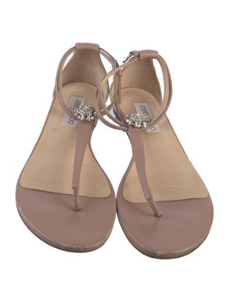 Jimmy Choo Leather Crystal Embellishments T-Strap Sandals