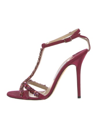 Jimmy Choo Suede Crystal Embellishments T-Strap Sandals