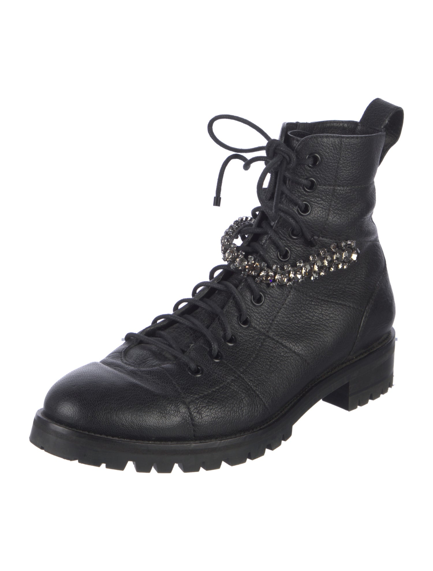 Jimmy Choo Leather Crystal Embellishments Combat Boots