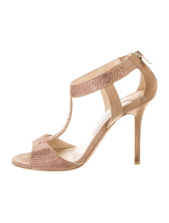 Jimmy Choo Suede Crystal Embellishments T-Strap Sandals