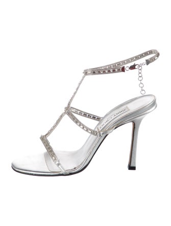 Jimmy Choo Leather Crystal Embellishments T-Strap Sandals