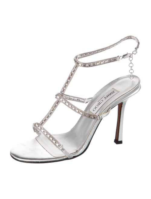 Jimmy Choo Leather Crystal Embellishments T-Strap Sandals