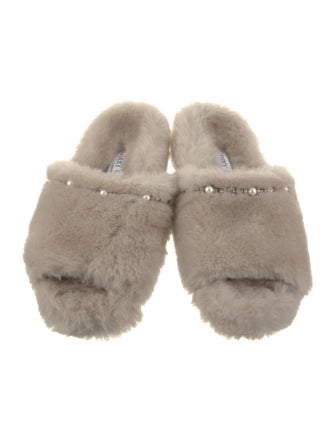 Jimmy Choo Lamb Fur Crystal Embellishments Slides