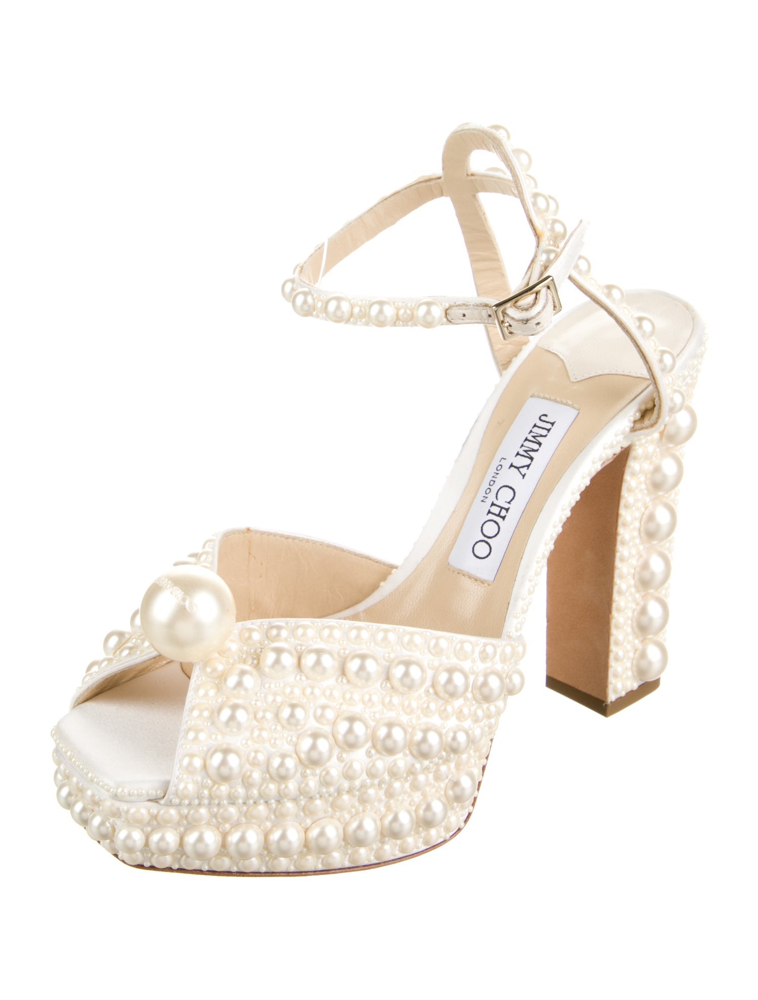 Jimmy Choo Faux Pearl Accents Satin Sandals