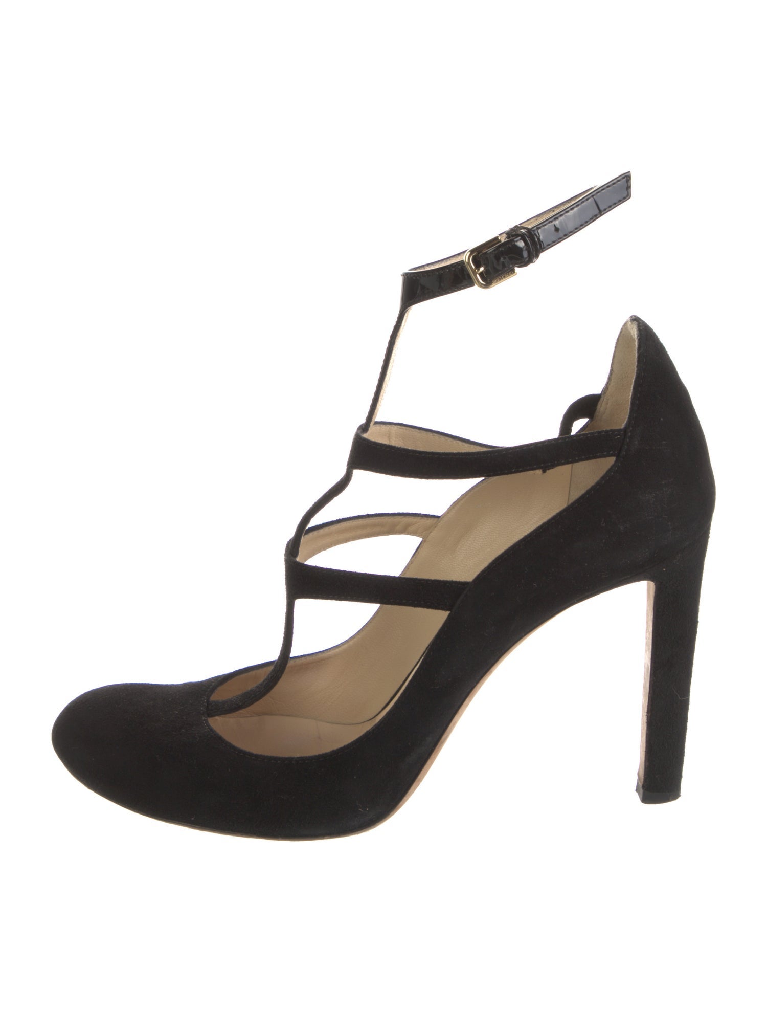 Jimmy Choo Suede Leather Trim Embellishment T-Strap Pumps