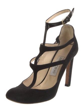 Jimmy Choo Suede Leather Trim Embellishment T-Strap Pumps