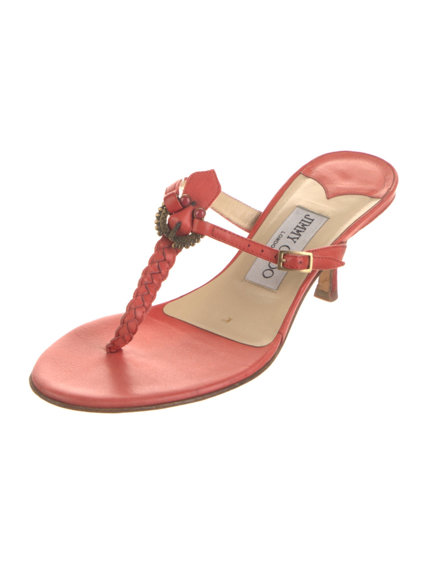 Jimmy Choo Leather Braided Accents T-Strap Sandals