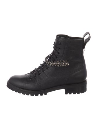 Jimmy Choo Leather Crystal Embellishments Combat Boots