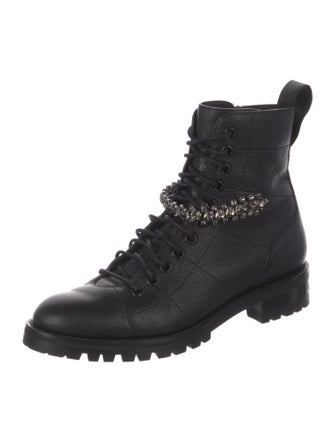Jimmy Choo Leather Crystal Embellishments Combat Boots