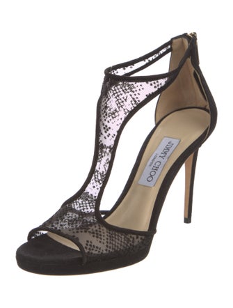 Jimmy Choo Suede Mesh Accents T-Strap Sandals